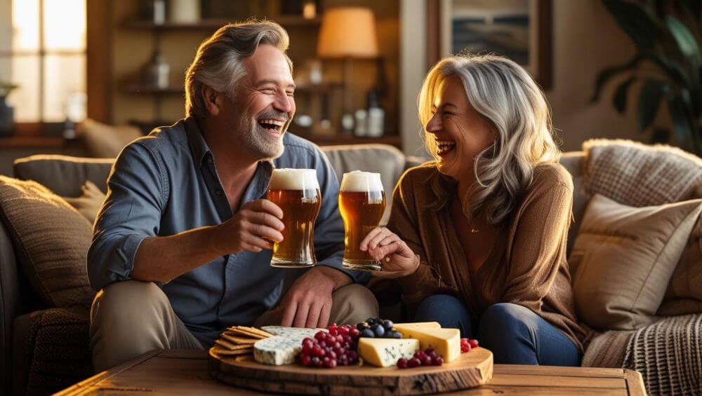 friends in a living room, enjoying beers, food on table ()
