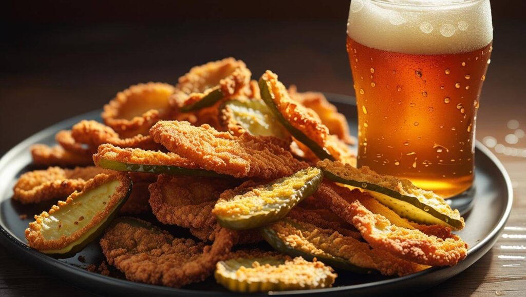 a plate of breaded fried pickles chips with a glass of beer next to it ()