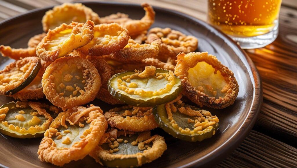 a plate of well breaded fried pickles chips with a glass of beer next to it ()