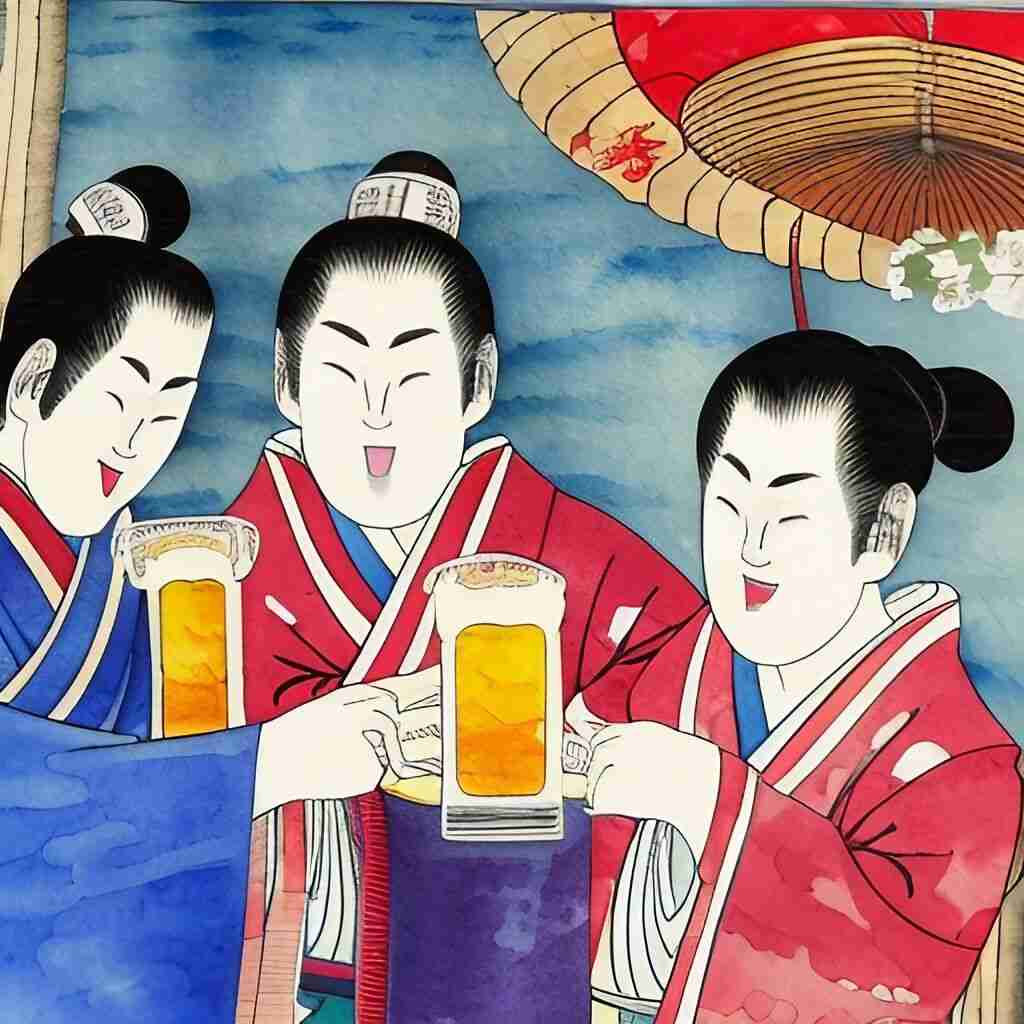 Geisha ladies enjoying mugs of beer