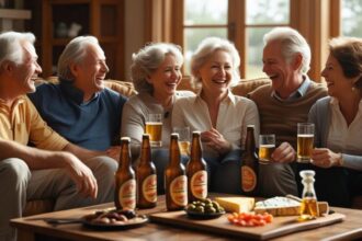 friends in a living room, enjoying beers, food on table ()