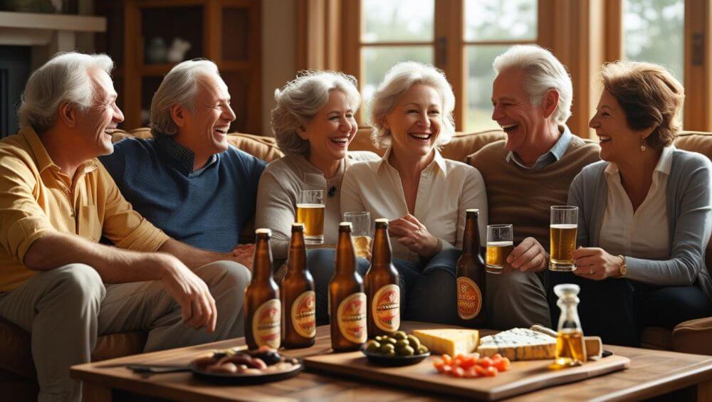 friends in a living room, enjoying beers, food on table ()