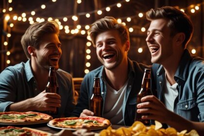 friends in a living room, enjoying beers, food on table ()