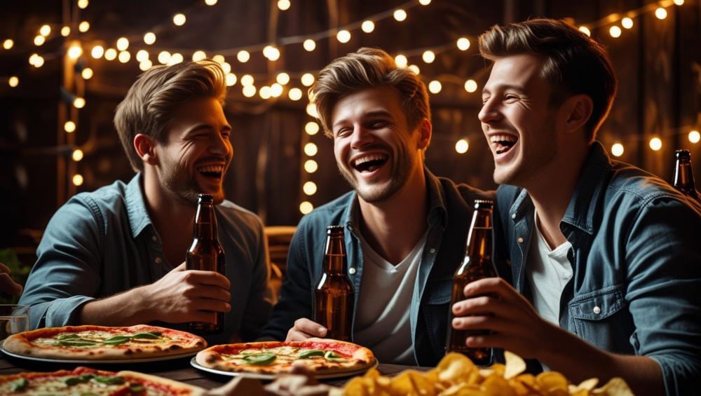 friends in a living room, enjoying beers, food on table ()