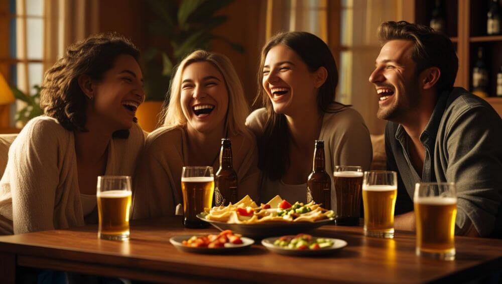 friends in a living room, enjoying beers, food on table ()