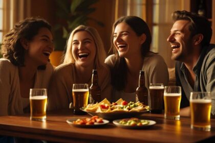 friends in a living room, enjoying beers, food on table ()