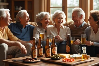 friends in a living room, enjoying beers, food on table ()
