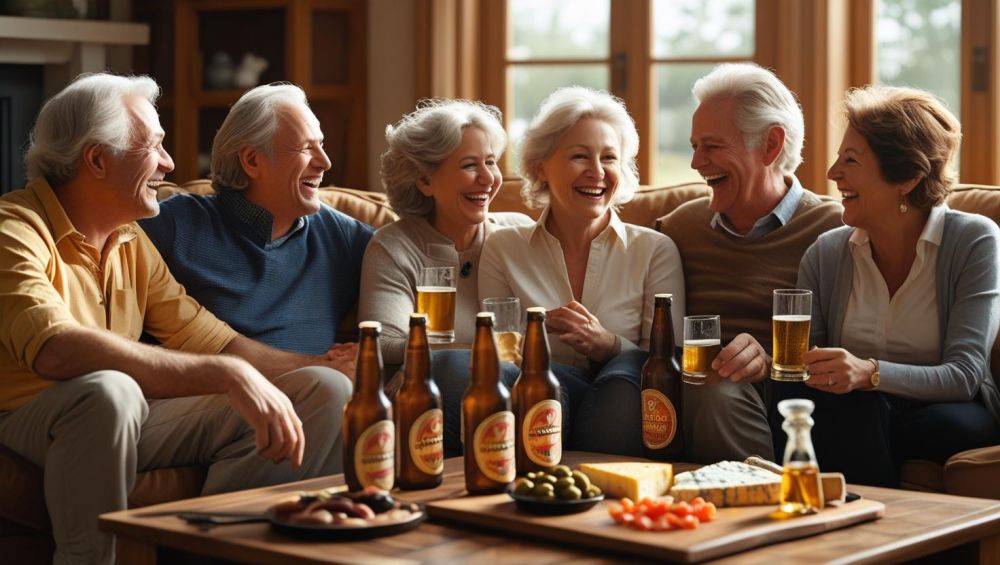friends in a living room, enjoying beers, food on table ()
