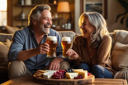 friends in a living room, enjoying beers, food on table ()