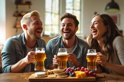 friends in a living room, enjoying beers, food on table ()