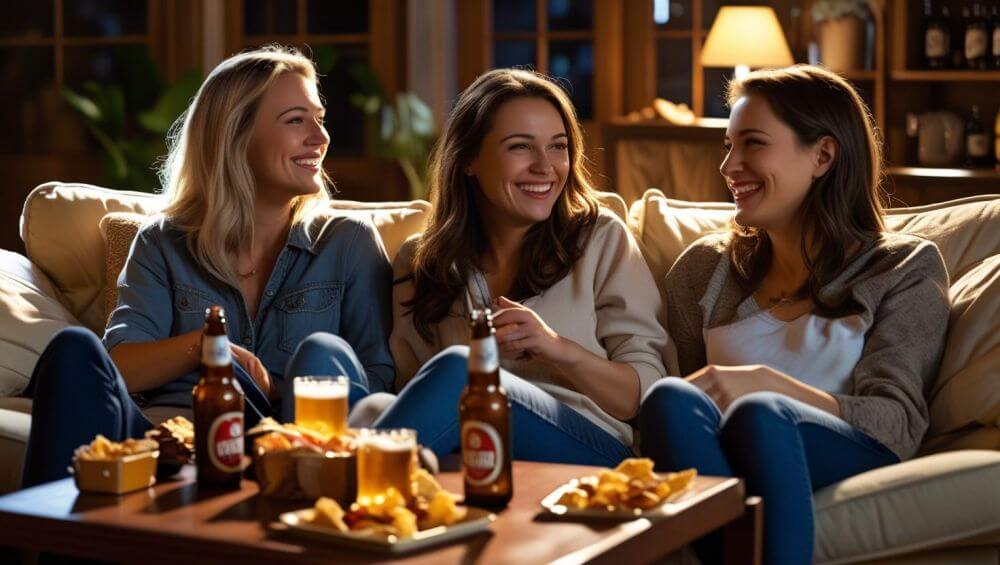 friends in a living room, enjoying beers, food on table ()
