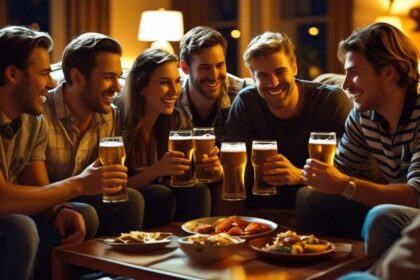 friends in a living room, enjoying beers, food on table ()