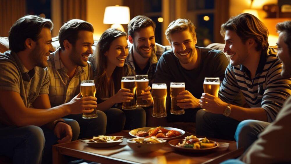friends in a living room, enjoying beers, food on table ()