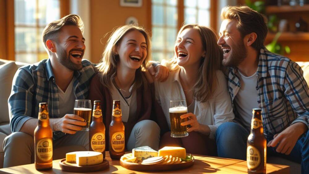 friends in a living room, enjoying beers, food on table ()