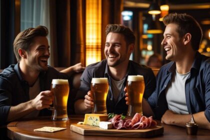 friends in a living room, enjoying beers, food on table ()