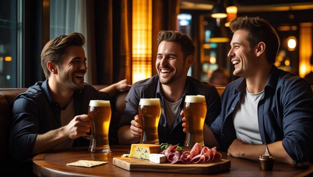 friends in a living room, enjoying beers, food on table ()