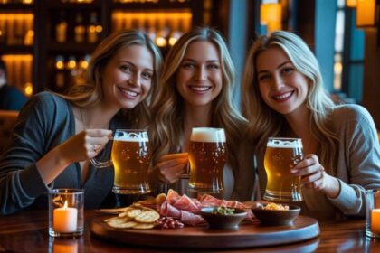 friends in a living room, enjoying beers, food on table ()