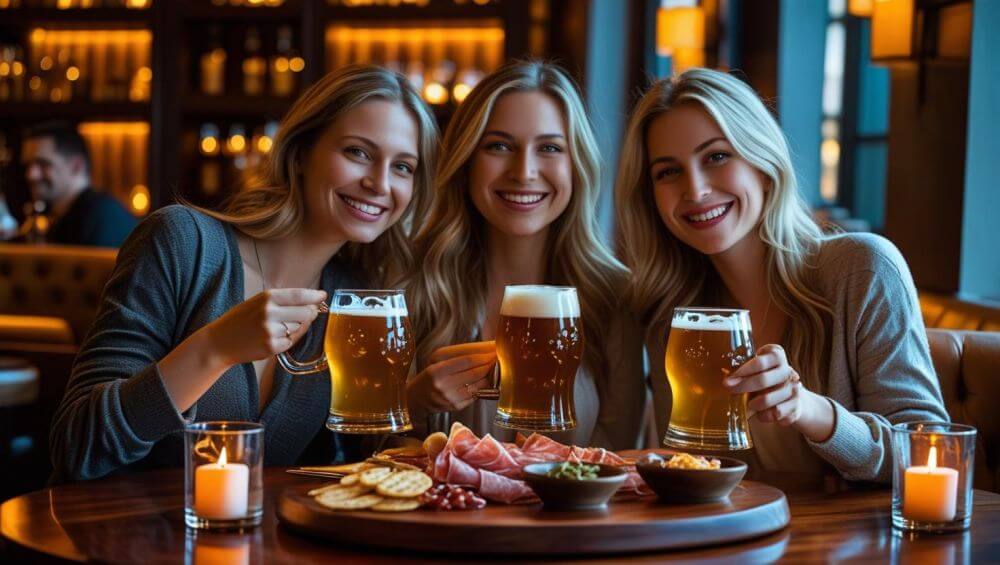 friends in a living room, enjoying beers, food on table ()