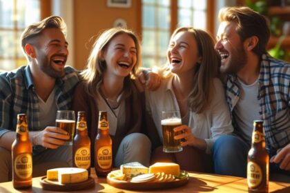 friends in a living room, enjoying beers, food on table ()
