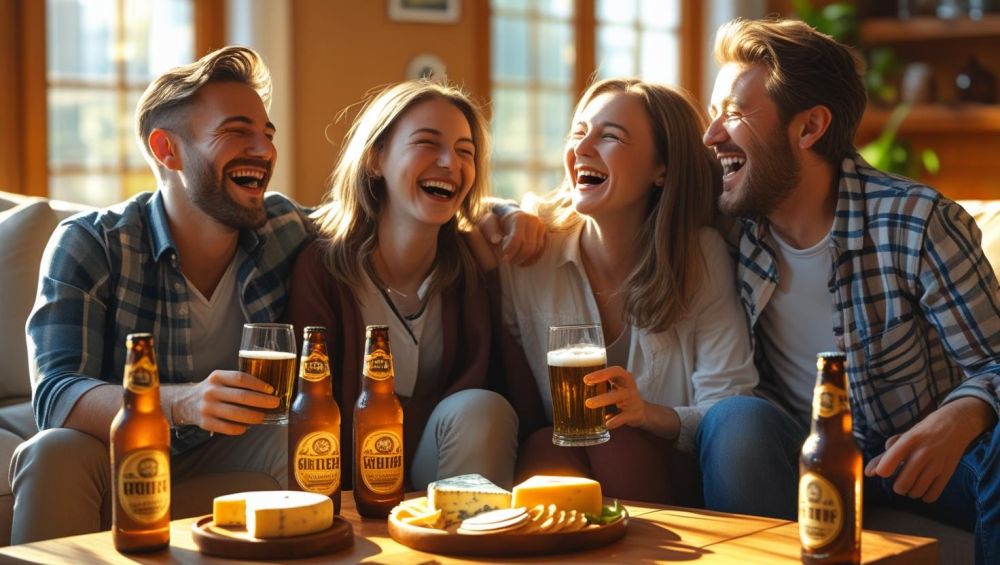 friends in a living room, enjoying beers, food on table ()