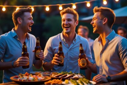 friends in a living room, enjoying beers, food on table ()