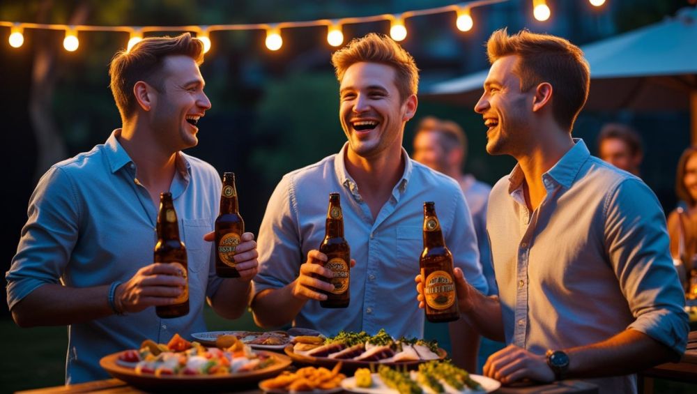 friends in a living room, enjoying beers, food on table ()