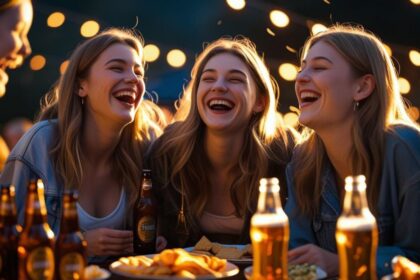 friends in a living room, enjoying beers, food on table ()