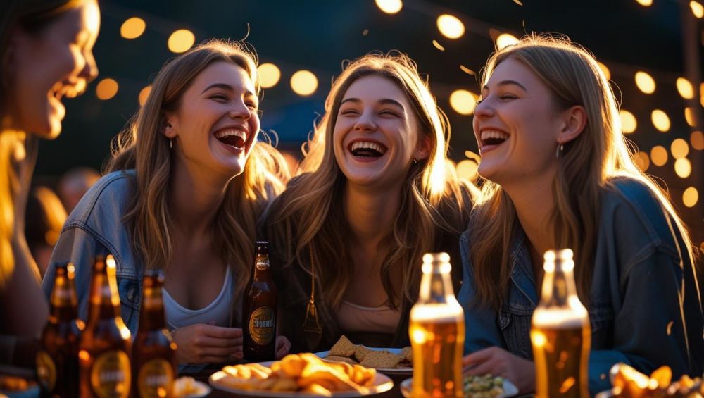 friends in a living room, enjoying beers, food on table ()