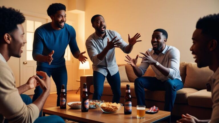 s friends playing charades in a living room, food and beer on the coffee table in a living room, night time, one person standing in front of the group acting out clues ()