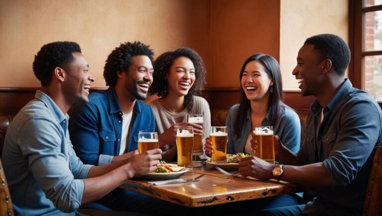 s small group of friends sitting in a booth of a cozy restaurant, enjoying beer and food