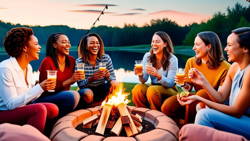 s a group of friends smoking cigars, drinking beer, standing around a warm bonfire, overlooking a pond ()