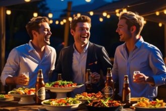 friends in a living room, enjoying beers, food on table ()