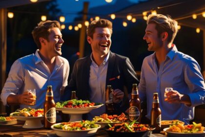 friends in a living room, enjoying beers, food on table ()