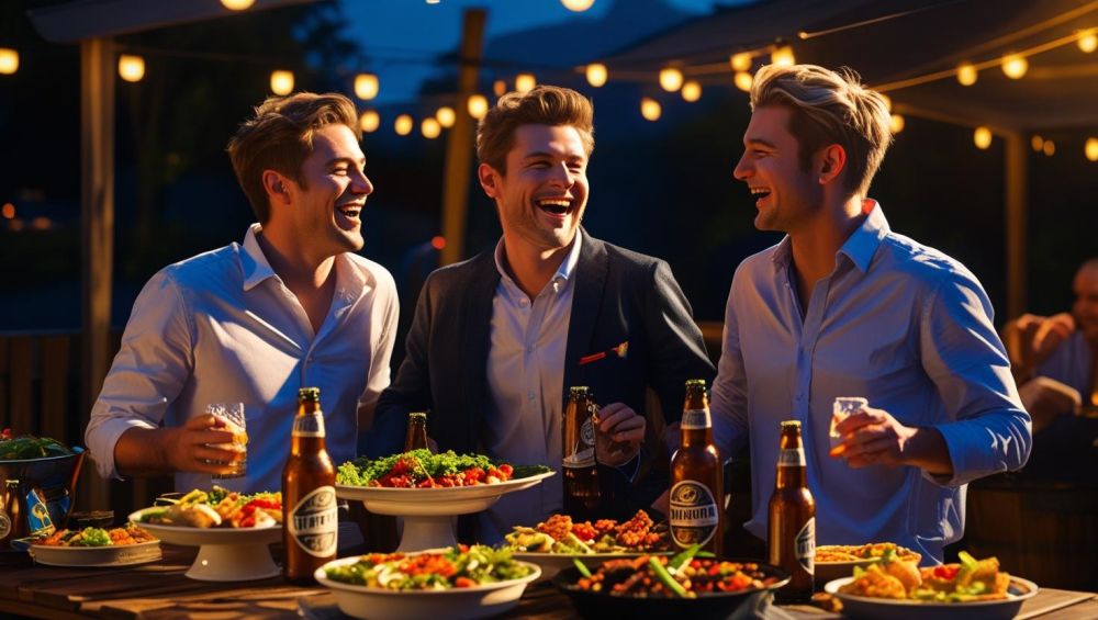 friends in a living room, enjoying beers, food on table ()