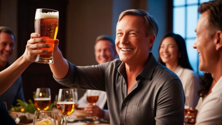 s a dinner host stands holding up a glass of beer to toast friendship ()