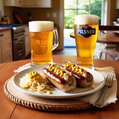 s Beer Brats with Sauerkraut and Mustard on a white plate and a pilsner beer on a table in a home kitchen