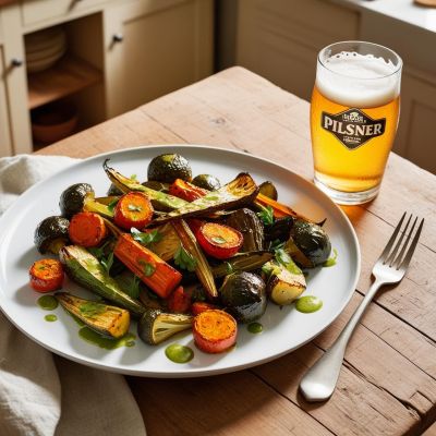 s Roasted Veggies with Hoppy IPA Glaze on a white plate and a pilsner beer on a table in a home kitchen