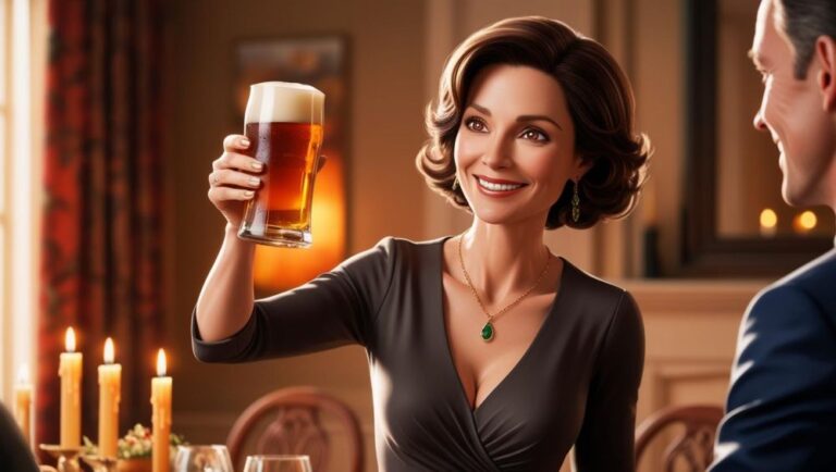 s a lady dinner host stands holding up a glass of beer to toast friendship ()