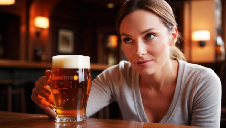 s a pretty lady, deep in thought, staring into a glass of beer ()