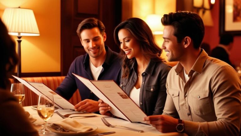 s a romantic couple sitting in a restaurant with a glass of beer, looking at their menu waiting for the waitress to take their order ()