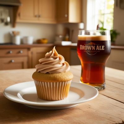 s light brown cupcake with light brown brown frosting on a white plate and a brown Ale beer on a table in a home kitchen