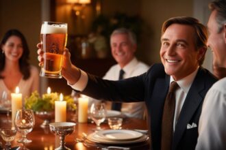 s a dinner host stands holding up a glass of beer to toast friendship ()