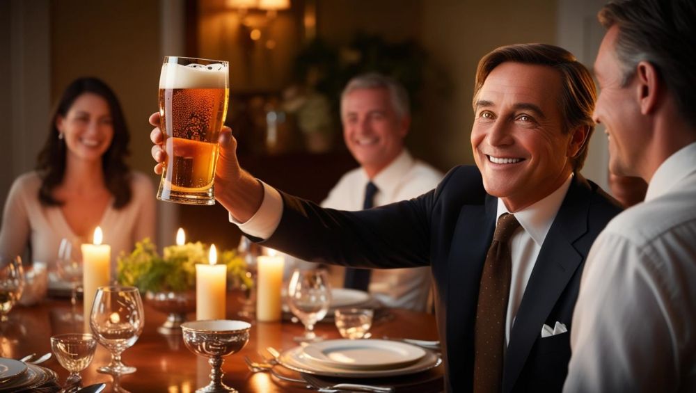 s a dinner host stands holding up a glass of beer to toast friendship ()