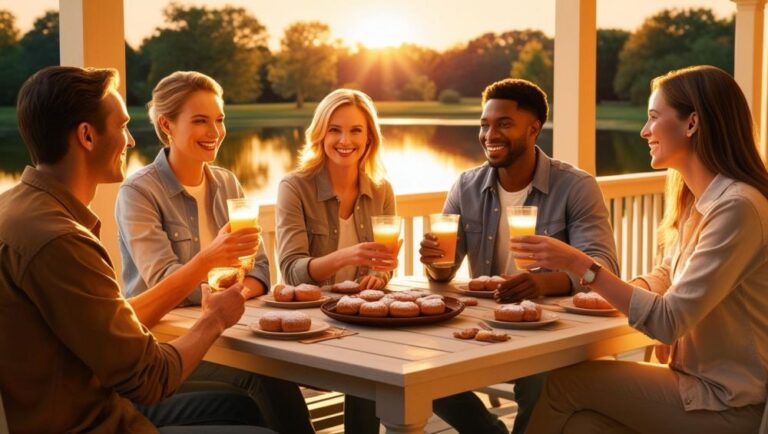 s a group of friends smoking cigars, drinking beer, standing on a porch overlooking a pond ()