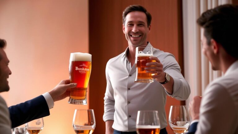 a dinner host stands holding up a glass of beer to toast friendship ()