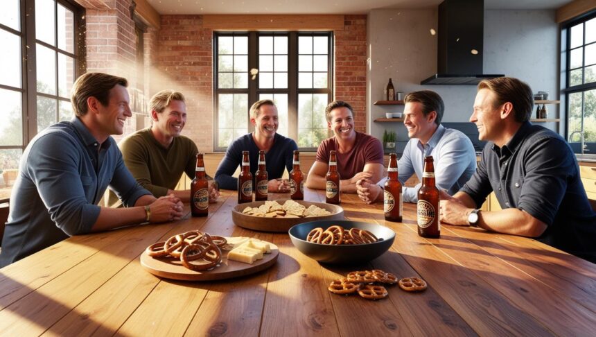 a group of friends sitting, reminiscing at a kitchen table in a stylish home, a few bottles of beer and snack foods on the table