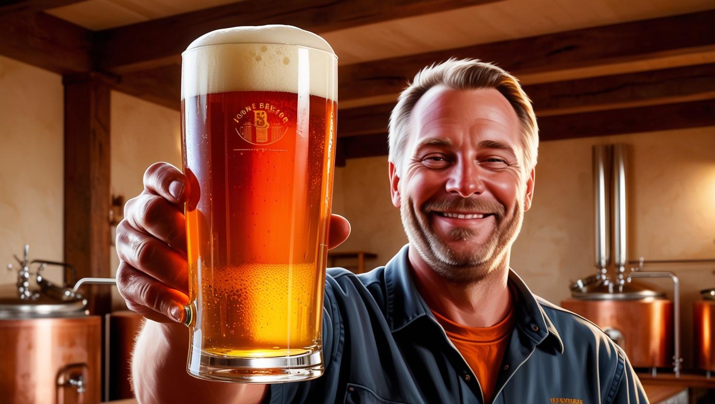 a home brewer holding up a glass of beer for examination