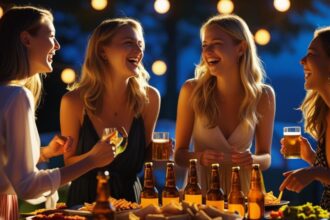 friends in a living room, enjoying beers, food on table ()