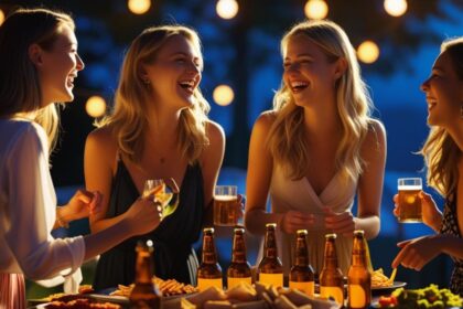 friends in a living room, enjoying beers, food on table ()