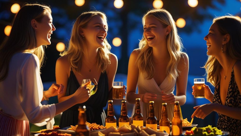 friends in a living room, enjoying beers, food on table ()
